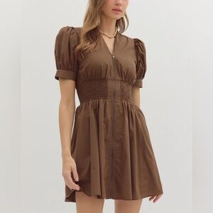 entro Brown Puff-Sleeve Smocked-Waist Midi Dress Size M